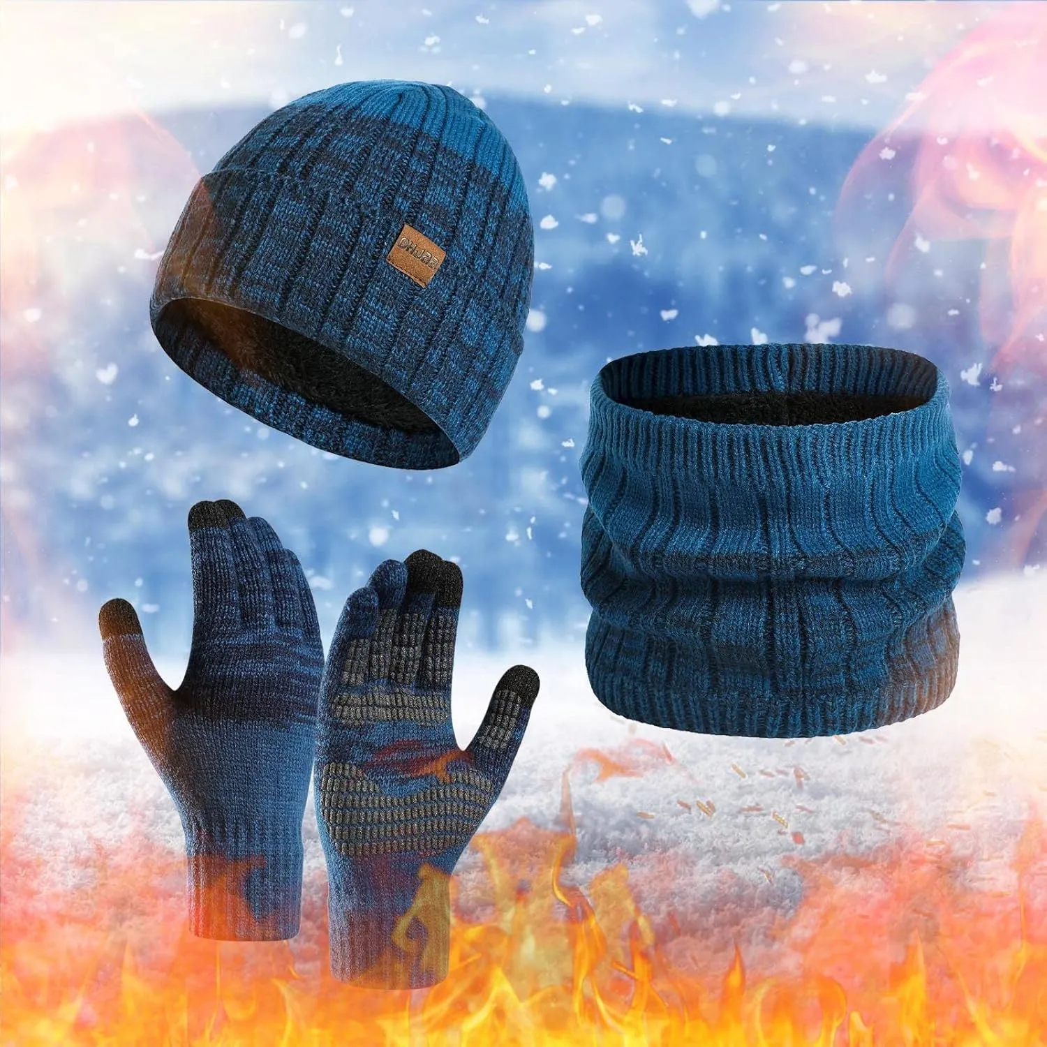 Winter Hat Gloves Scarf Set, Knit Warm Beanie Hat Neck Warmer Touch Screen Mittens Accessories Gifts for Men Women