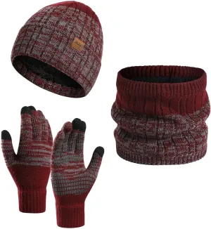 Winter Hat Gloves Scarf Set, Knit Warm Beanie Hat Neck Warmer Touch Screen Mittens Accessories Gifts for Men Women