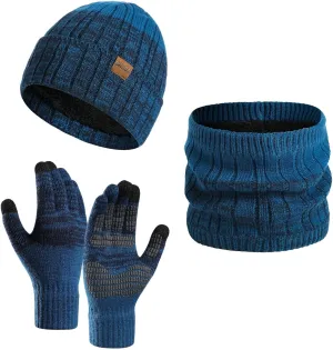 Winter Hat Gloves Scarf Set, Knit Warm Beanie Hat Neck Warmer Touch Screen Mittens Accessories Gifts for Men Women
