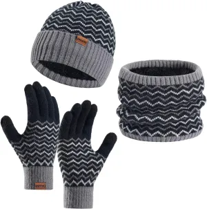 Winter Scarf Hat and Gloves Set Unisex Knitted Striped Fleece Lined Beanie Hat Neck Warmer Chunky Long Scarf Thermal Gloves Grey