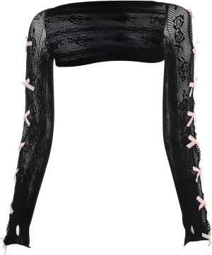 Women Lace Bolero Shrug White Lace Mesh Sleeve, Long Sleeve Lace Shrug with Thumb Hole Knit Open Front Cut Out Bow Bolero Shrug, Fishnet Shawl Y2K Arm Sleeves Cardigan - Universal Size White