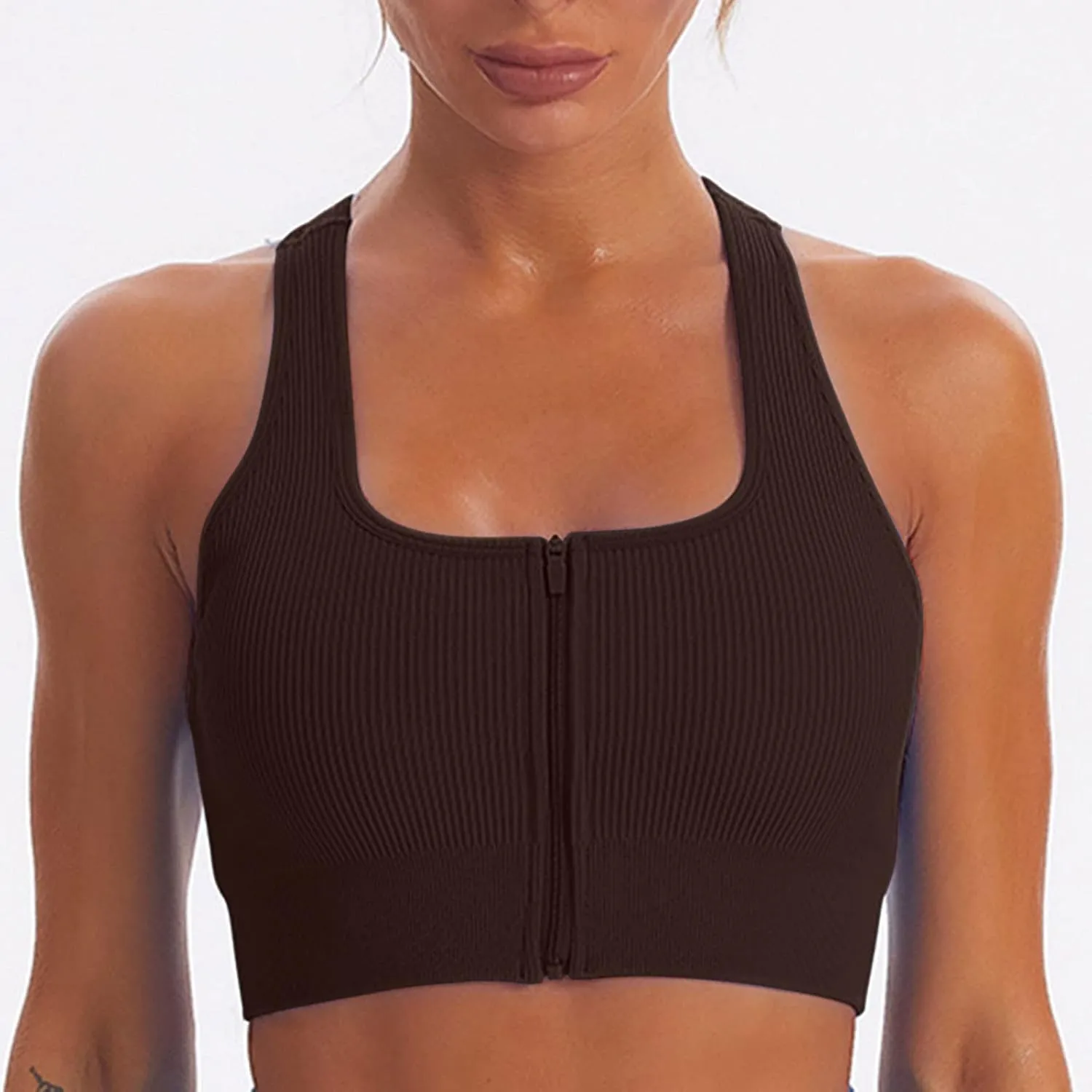 Women Racerback Sports Bras - High Impact Workout Gym Activewear Bra Wirefree Seamless Stretch Yoga Zip Front Bralettes