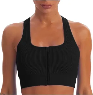 Women Racerback Sports Bras - High Impact Workout Gym Activewear Bra Wirefree Seamless Stretch Yoga Zip Front Bralettes
