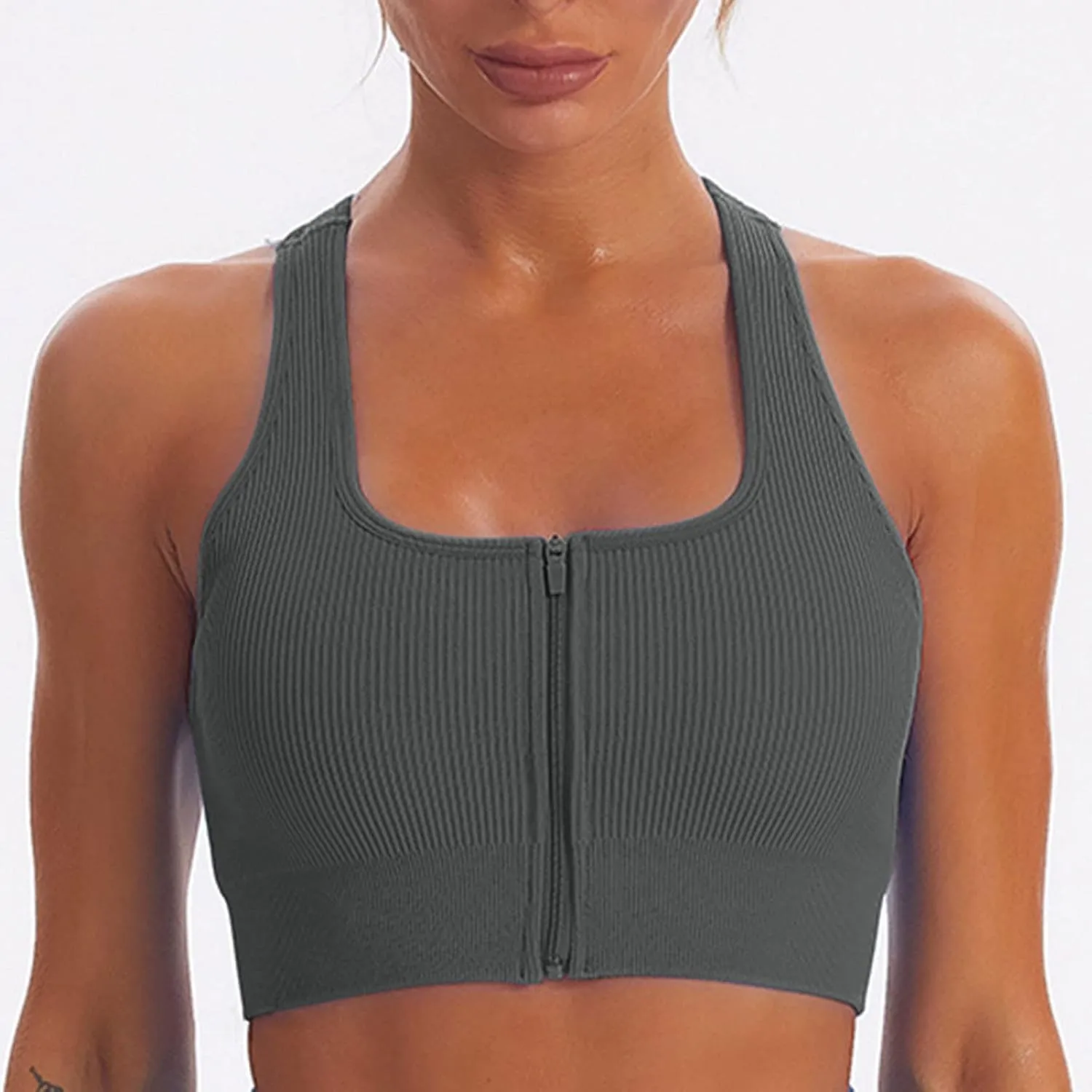 Women Racerback Sports Bras - High Impact Workout Gym Activewear Bra Wirefree Seamless Stretch Yoga Zip Front Bralettes