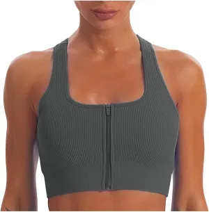 Women Racerback Sports Bras - High Impact Workout Gym Activewear Bra Wirefree Seamless Stretch Yoga Zip Front Bralettes
