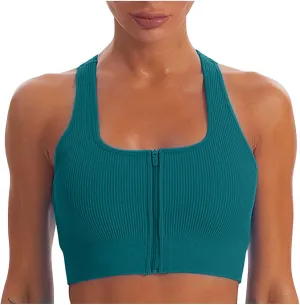 Women Racerback Sports Bras - High Impact Workout Gym Activewear Bra Wirefree Seamless Stretch Yoga Zip Front Bralettes