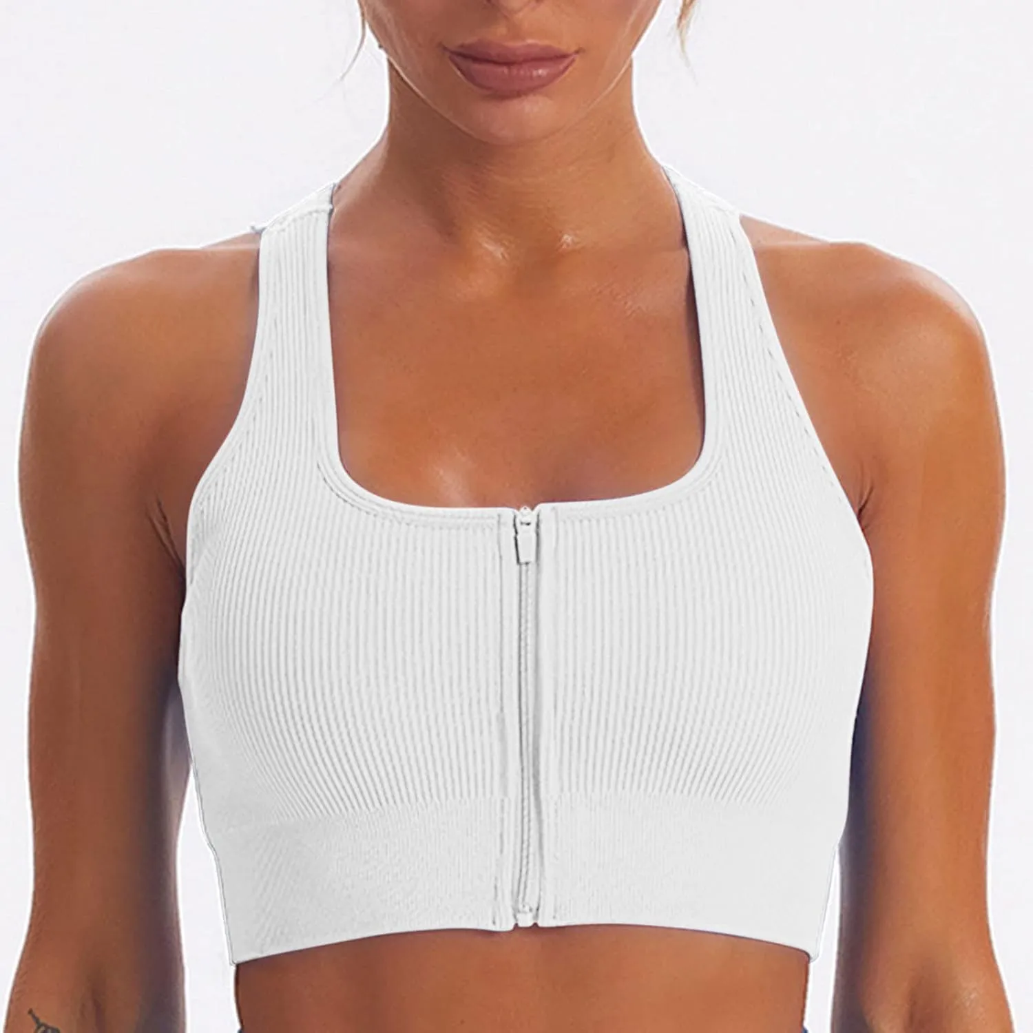 Women Racerback Sports Bras - High Impact Workout Gym Activewear Bra Wirefree Seamless Stretch Yoga Zip Front Bralettes