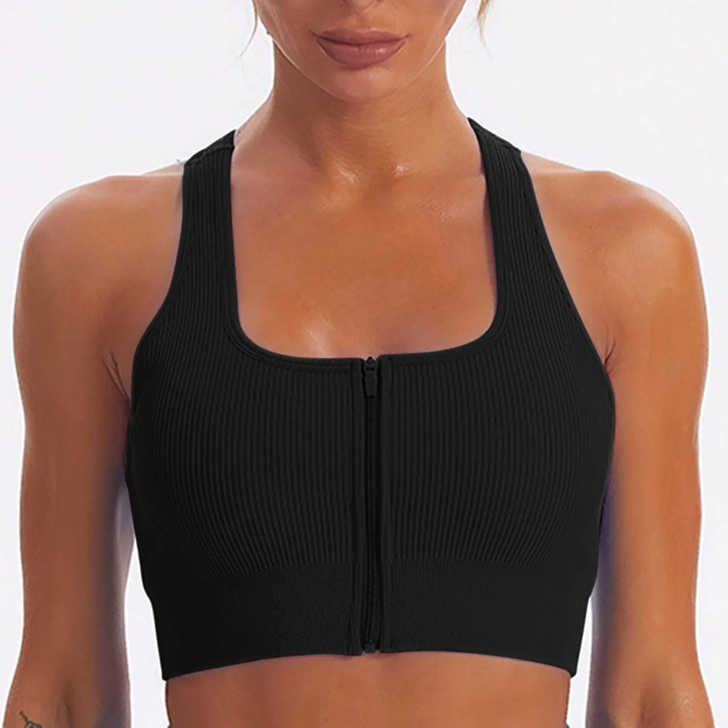 Women Racerback Sports Bras - High Impact Workout Gym Activewear Bra Wirefree Seamless Stretch Yoga Zip Front Bralettes
