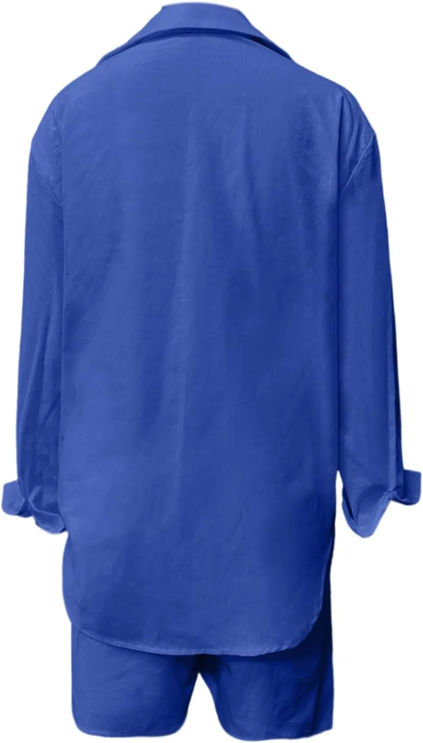 Women S 2 Piece Lounge Tracksuit Outfit Sets Cotton Linen High Low Shirt and Lightweight Casual Loose Shorts Set