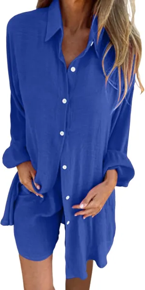 Women S 2 Piece Lounge Tracksuit Outfit Sets Cotton Linen High Low Shirt and Lightweight Casual Loose Shorts Set