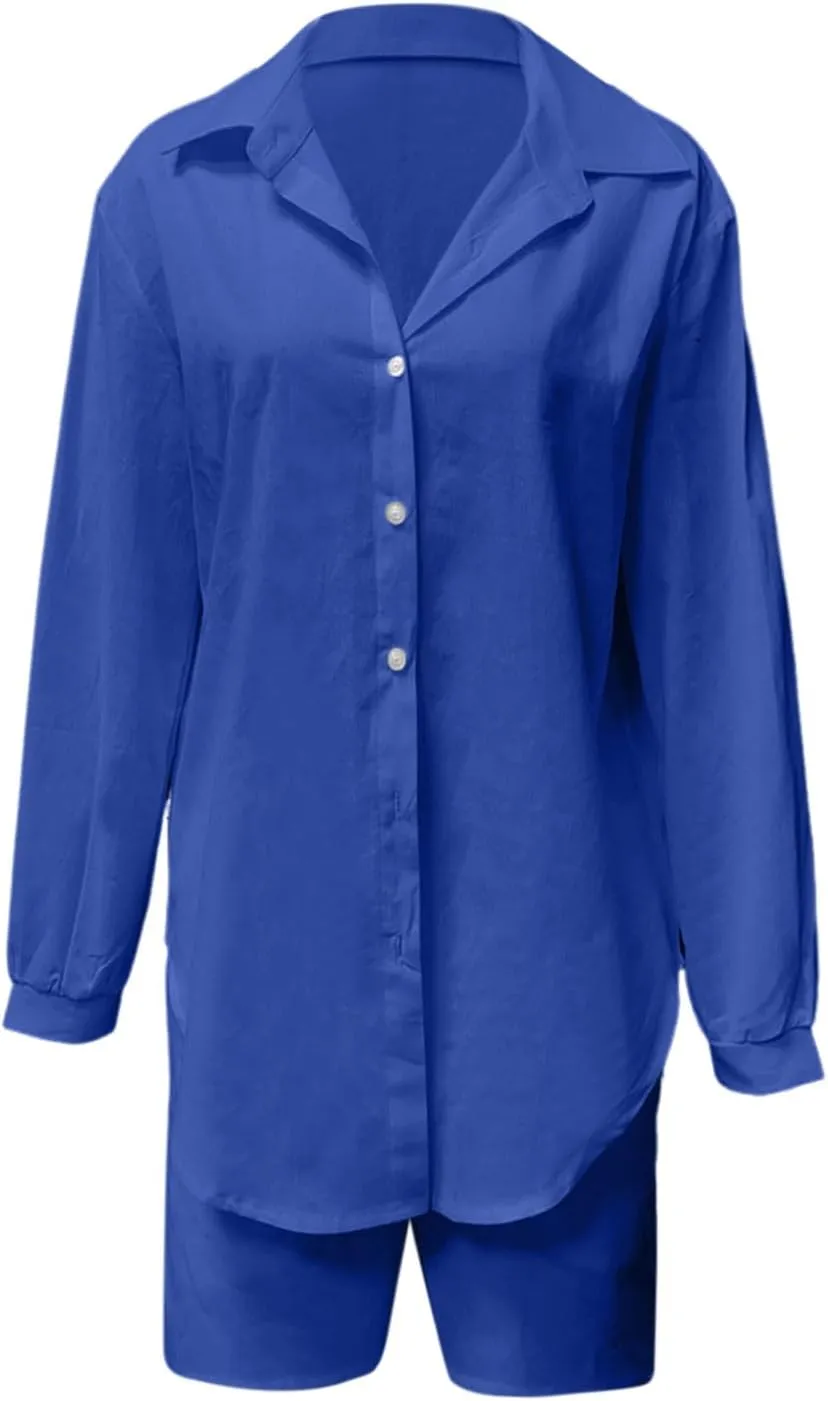 Women S 2 Piece Lounge Tracksuit Outfit Sets Cotton Linen High Low Shirt and Lightweight Casual Loose Shorts Set