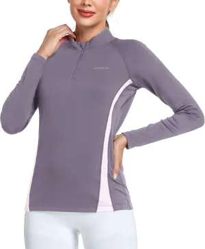 Womens 1/4 Zip Pullover Fleece Thermal Lightweight Shirts Long Sleeve Athletic Hiking Running Workout Golf Tops