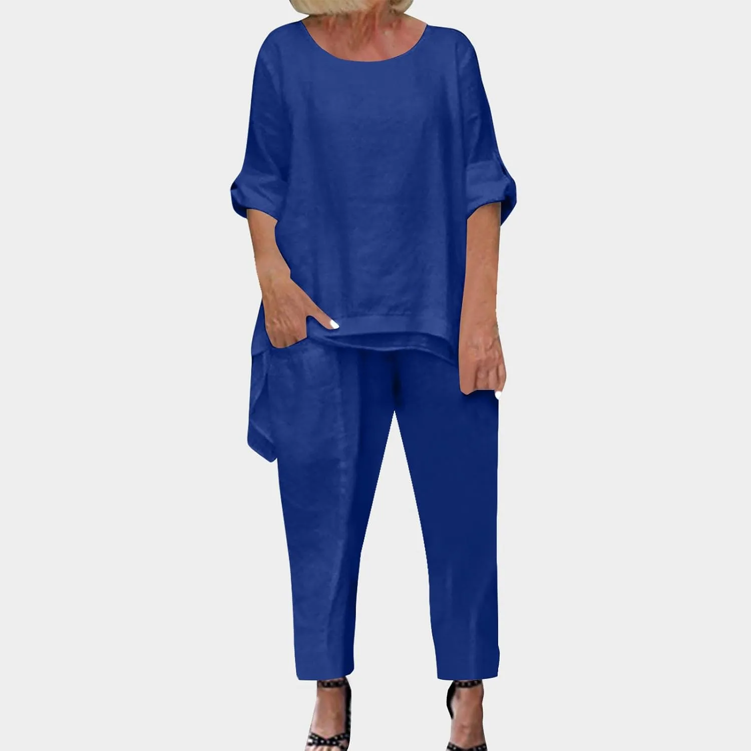 Women's 2 Piece Outfits Loose Fit Casual Irregular Hem Short Sleeve Oversized Shirts Baggy Capri Pant Lounge Sets