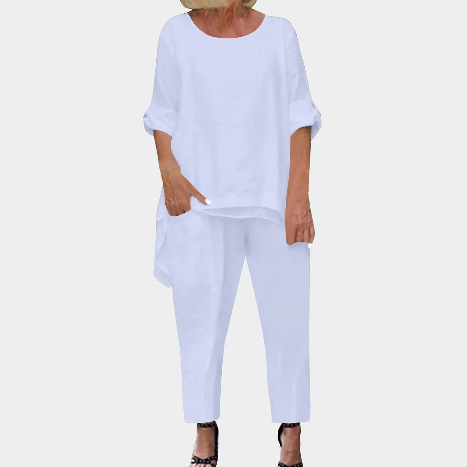 Women's 2 Piece Outfits Loose Fit Casual Irregular Hem Short Sleeve Oversized Shirts Baggy Capri Pant Lounge Sets