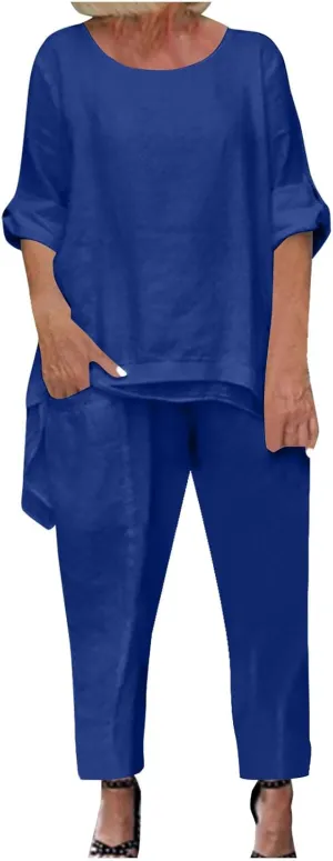 Women's 2 Piece Outfits Loose Fit Casual Irregular Hem Short Sleeve Oversized Shirts Baggy Capri Pant Lounge Sets
