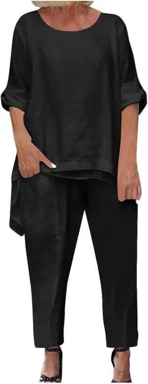 Women's 2 Piece Outfits Loose Fit Casual Irregular Hem Short Sleeve Oversized Shirts Baggy Capri Pant Lounge Sets