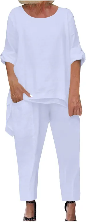 Women's 2 Piece Outfits Loose Fit Casual Irregular Hem Short Sleeve Oversized Shirts Baggy Capri Pant Lounge Sets