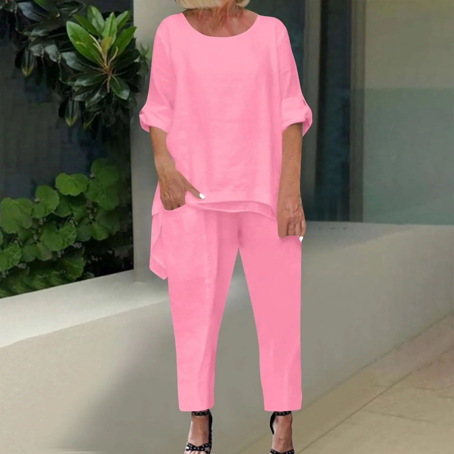 Women's 2 Piece Outfits Loose Fit Casual Irregular Hem Short Sleeve Oversized Shirts Baggy Capri Pant Lounge Sets