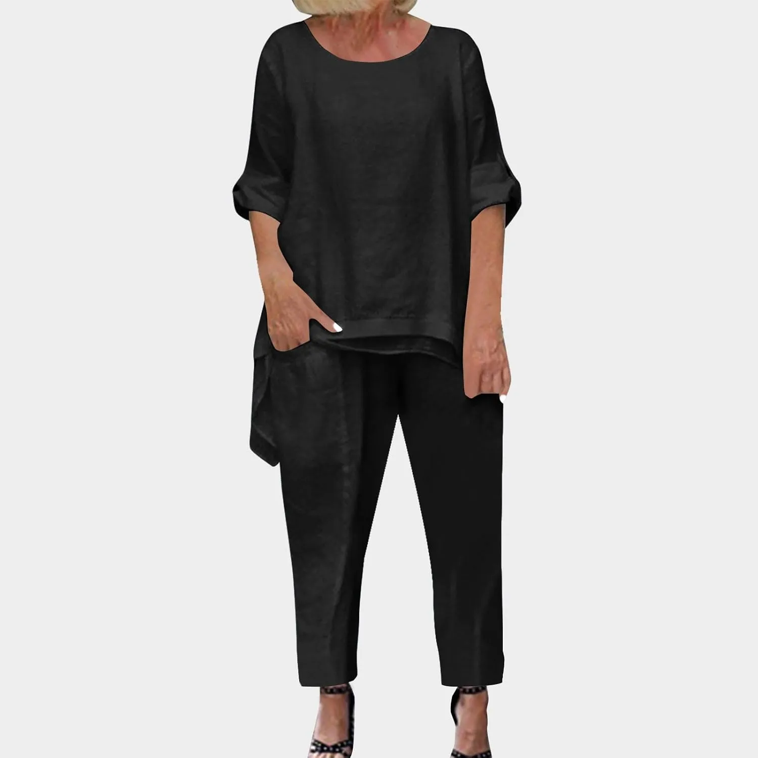 Women's 2 Piece Outfits Loose Fit Casual Irregular Hem Short Sleeve Oversized Shirts Baggy Capri Pant Lounge Sets