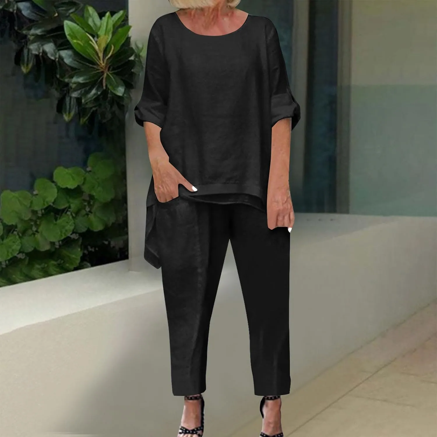 Women's 2 Piece Outfits Loose Fit Casual Irregular Hem Short Sleeve Oversized Shirts Baggy Capri Pant Lounge Sets