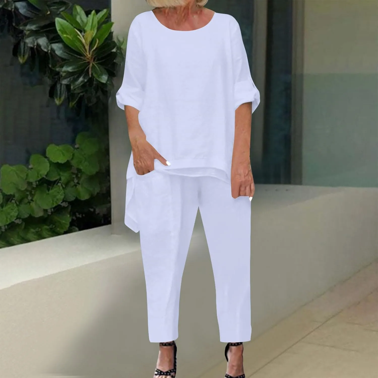 Women's 2 Piece Outfits Loose Fit Casual Irregular Hem Short Sleeve Oversized Shirts Baggy Capri Pant Lounge Sets