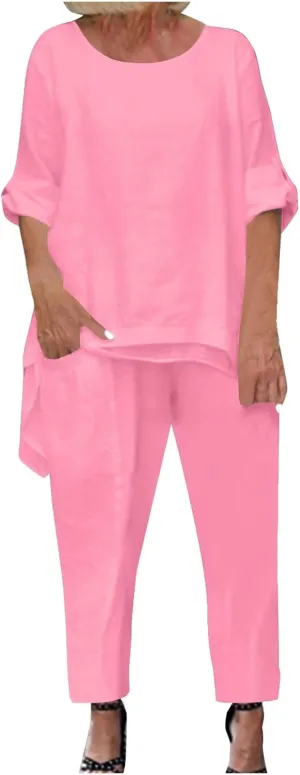 Women's 2 Piece Outfits Loose Fit Casual Irregular Hem Short Sleeve Oversized Shirts Baggy Capri Pant Lounge Sets