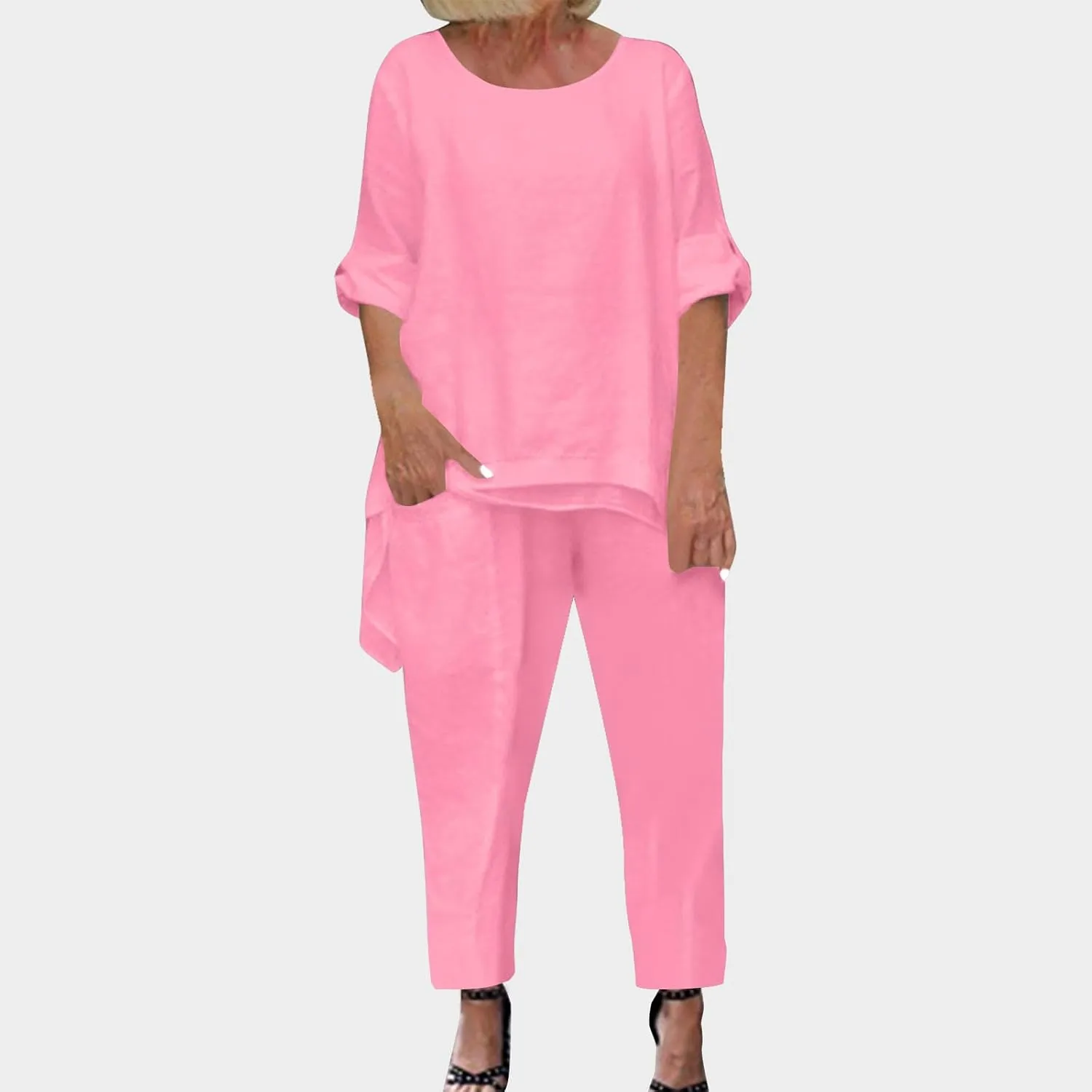 Women's 2 Piece Outfits Loose Fit Casual Irregular Hem Short Sleeve Oversized Shirts Baggy Capri Pant Lounge Sets