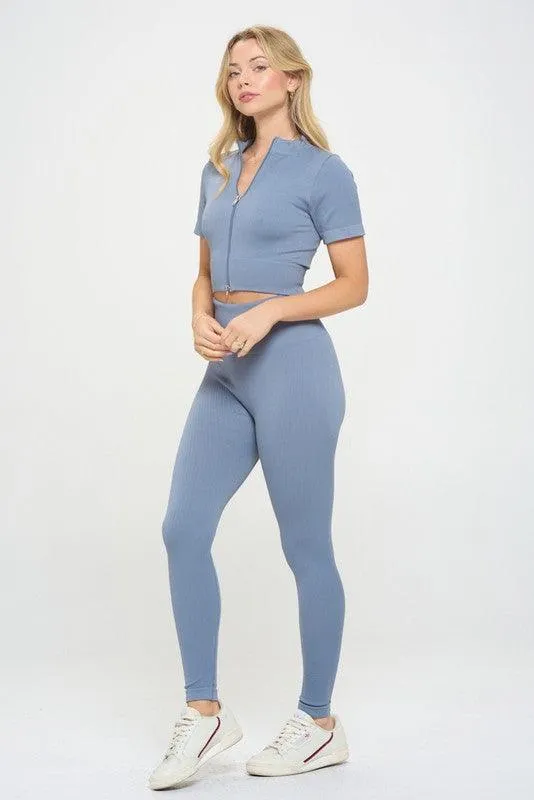 Women's Activewear - 2 Piece Ribbed Seamless Zip up Jacket