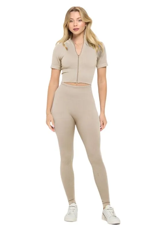 Women's Activewear - 2 Piece Ribbed Seamless Zip up Jacket