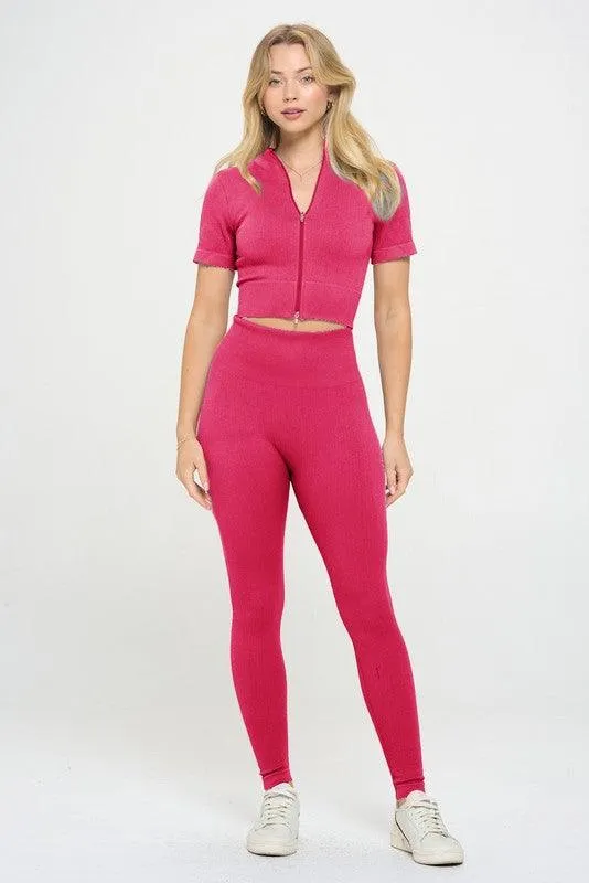 Women's Activewear - 2 Piece Ribbed Seamless Zip up Jacket