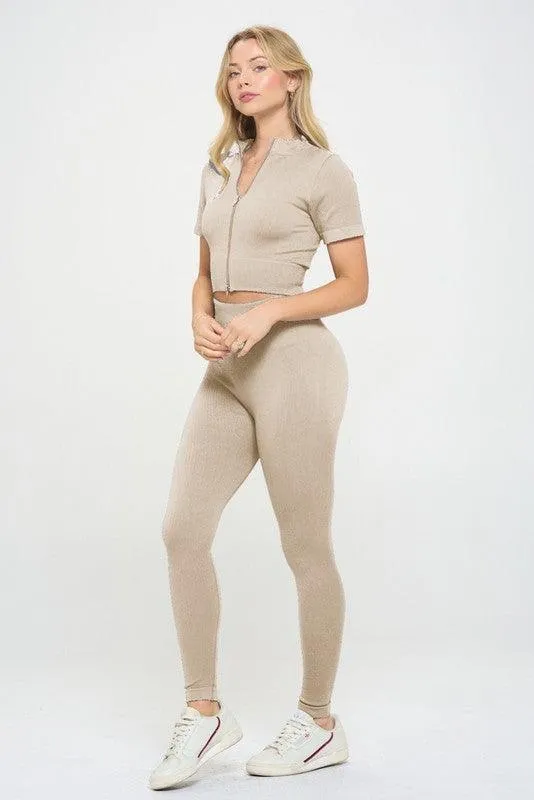 Women's Activewear - 2 Piece Ribbed Seamless Zip up Jacket