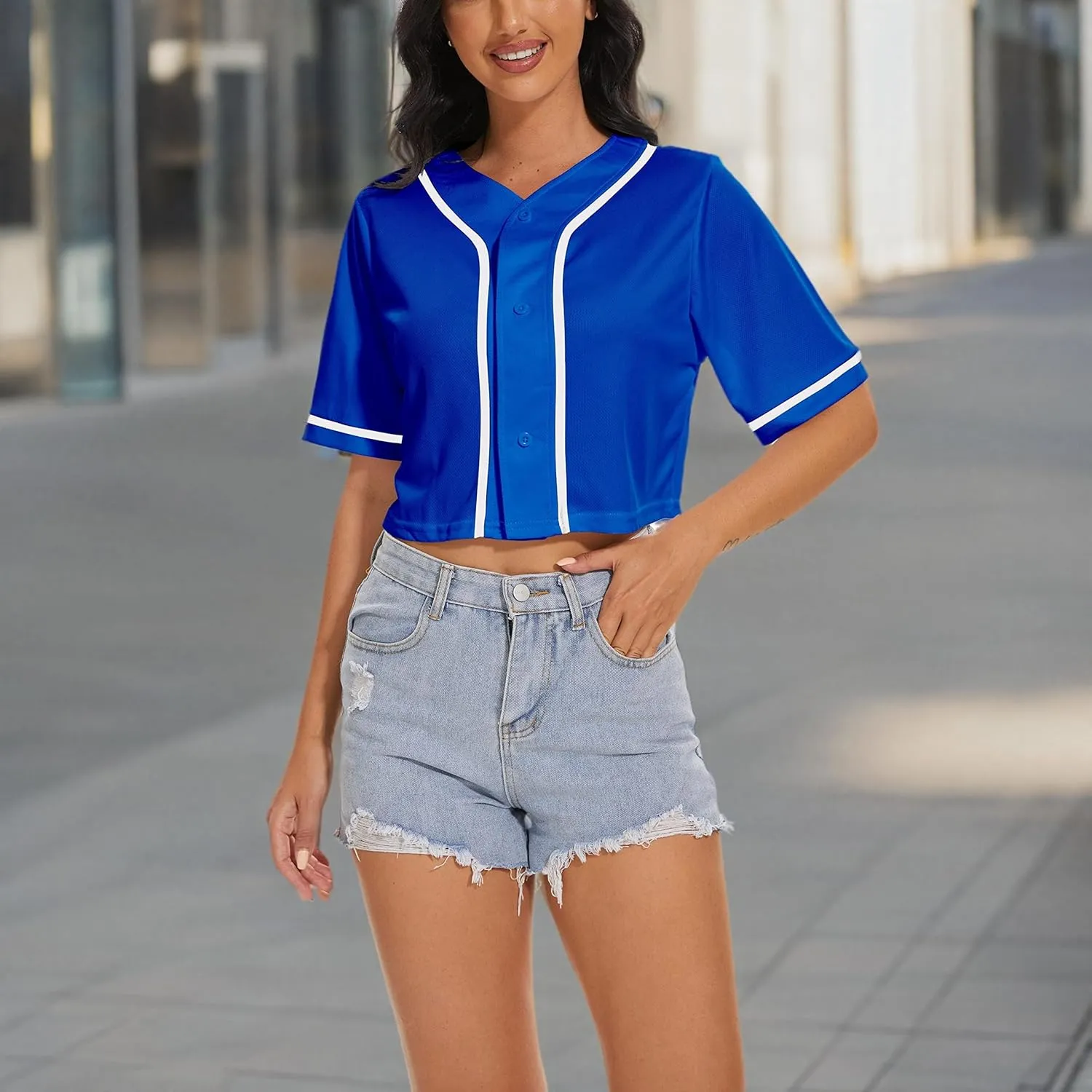Women's Baseball Jersey Short Crop Tops Blank Button Casual Softball Shirt Activewear Tee Summer Clothing