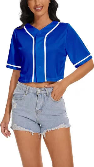 Women's Baseball Jersey Short Crop Tops Blank Button Casual Softball Shirt Activewear Tee Summer Clothing