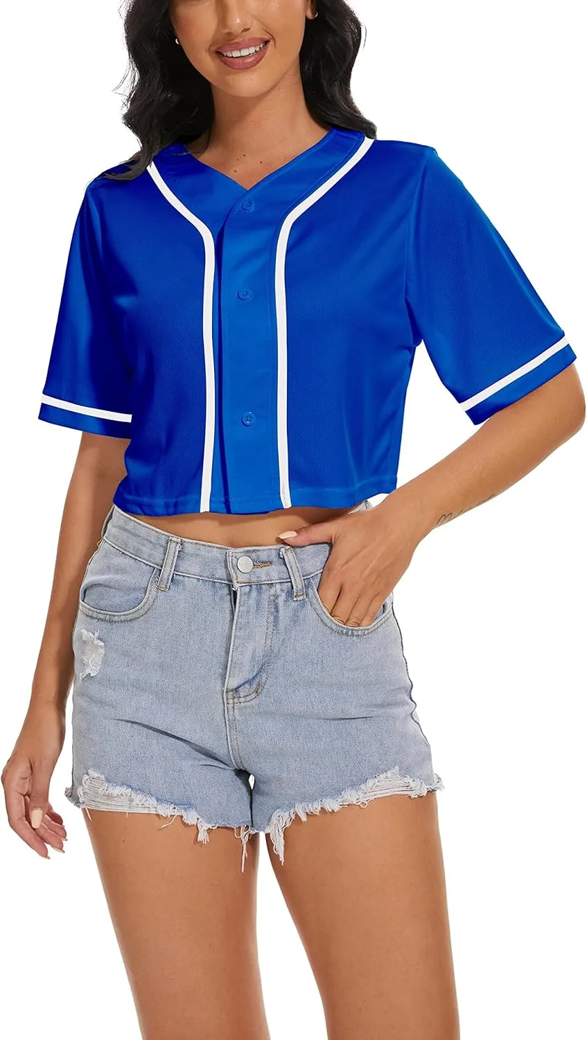 Women's Baseball Jersey Short Crop Tops Blank Button Casual Softball Shirt Activewear Tee Summer Clothing