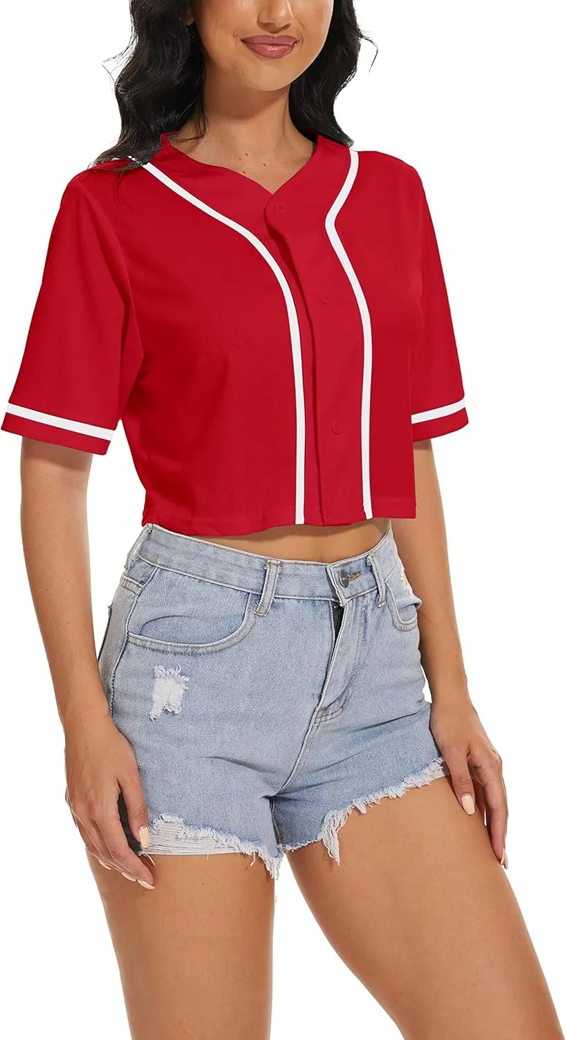 Women's Baseball Jersey Short Crop Tops Blank Button Casual Softball Shirt Activewear Tee Summer Clothing