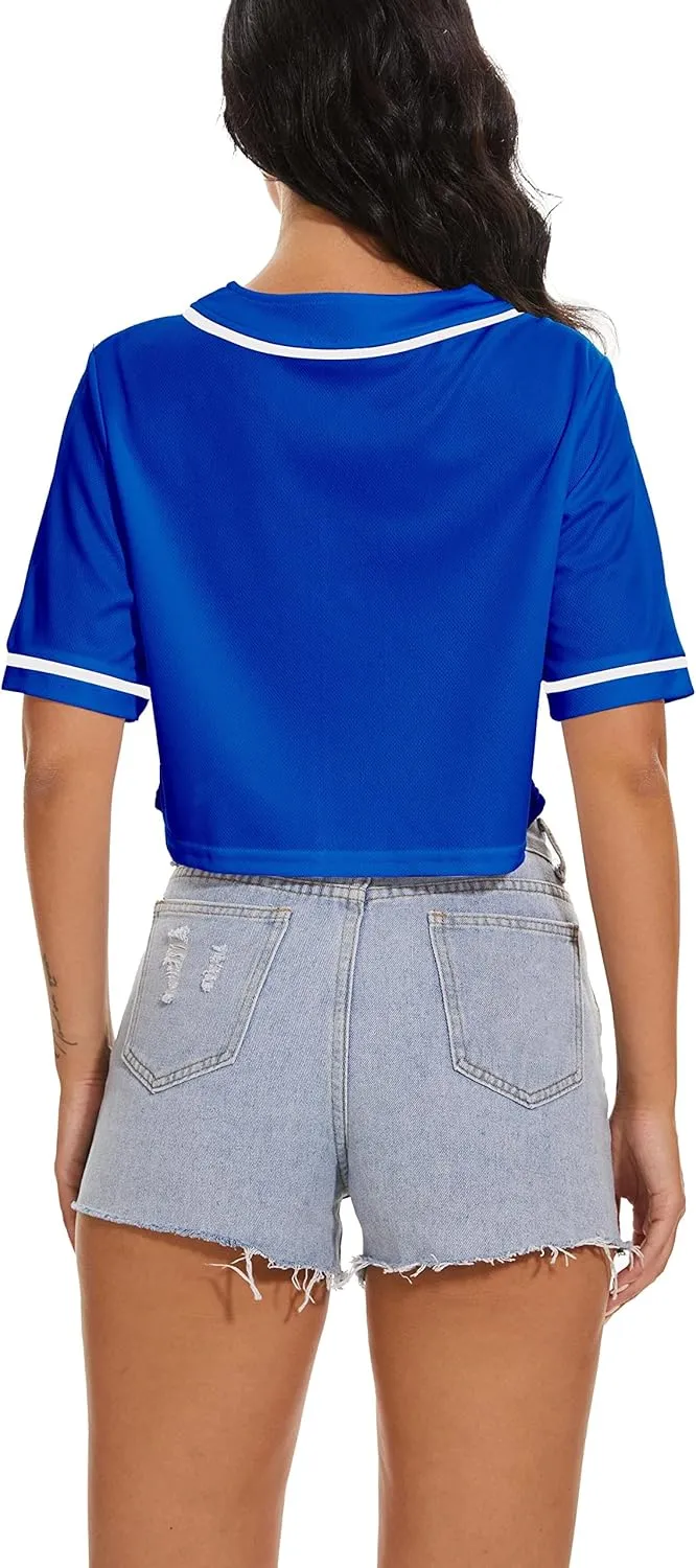 Women's Baseball Jersey Short Crop Tops Blank Button Casual Softball Shirt Activewear Tee Summer Clothing