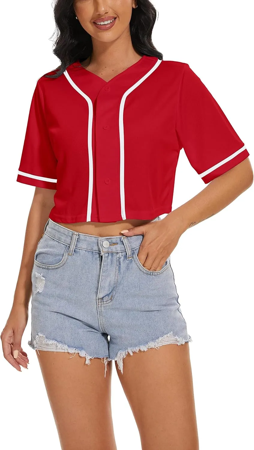 Women's Baseball Jersey Short Crop Tops Blank Button Casual Softball Shirt Activewear Tee Summer Clothing