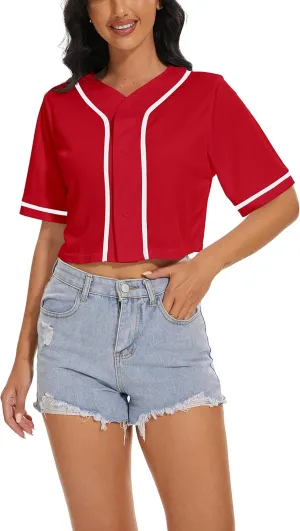 Women's Baseball Jersey Short Crop Tops Blank Button Casual Softball Shirt Activewear Tee Summer Clothing