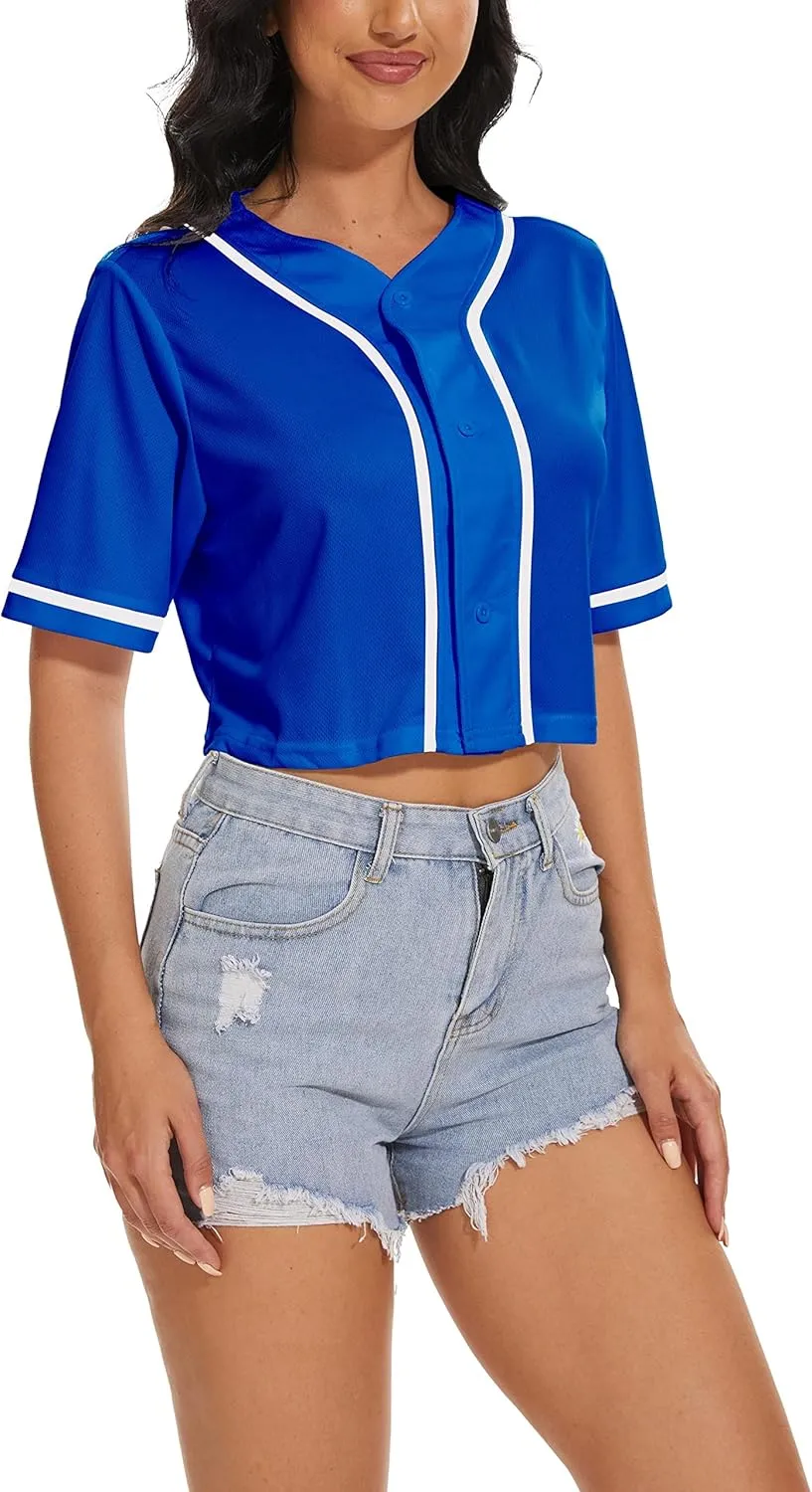 Women's Baseball Jersey Short Crop Tops Blank Button Casual Softball Shirt Activewear Tee Summer Clothing