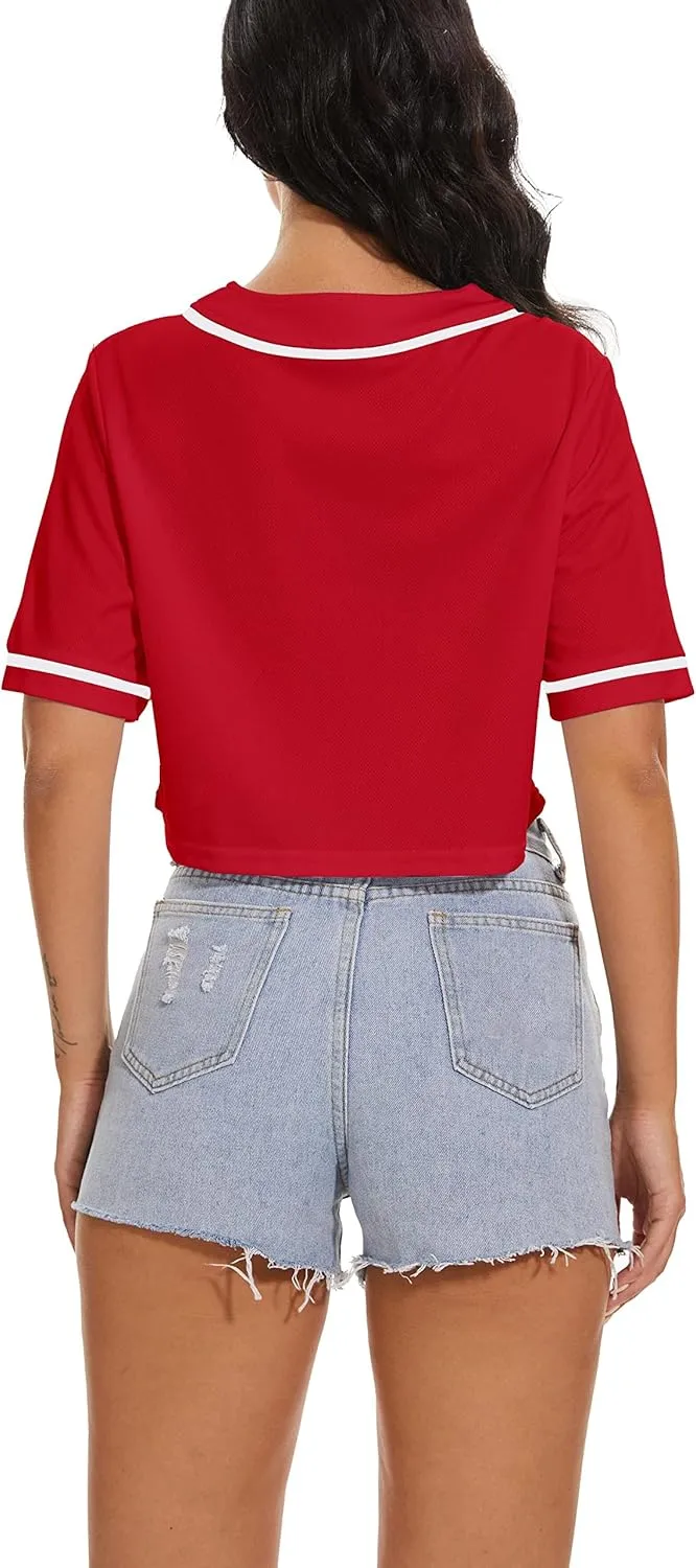 Women's Baseball Jersey Short Crop Tops Blank Button Casual Softball Shirt Activewear Tee Summer Clothing