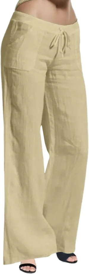 Women's Cotton Linen Summer Palazzo Pants Flowy Wide Leg Beach Trousers Casual Loose Loung e Pants with Pockets