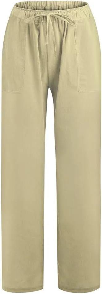 Women's Cotton Linen Summer Palazzo Pants Flowy Wide Leg Beach Trousers Casual Loose Loung e Pants with Pockets