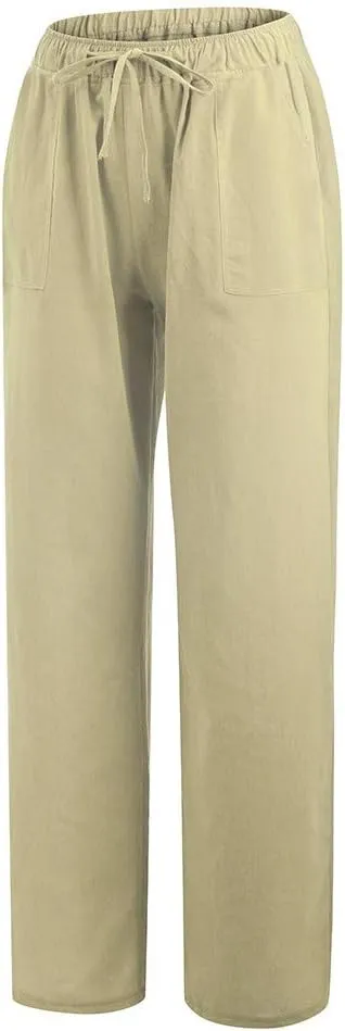 Women's Cotton Linen Summer Palazzo Pants Flowy Wide Leg Beach Trousers Casual Loose Loung e Pants with Pockets