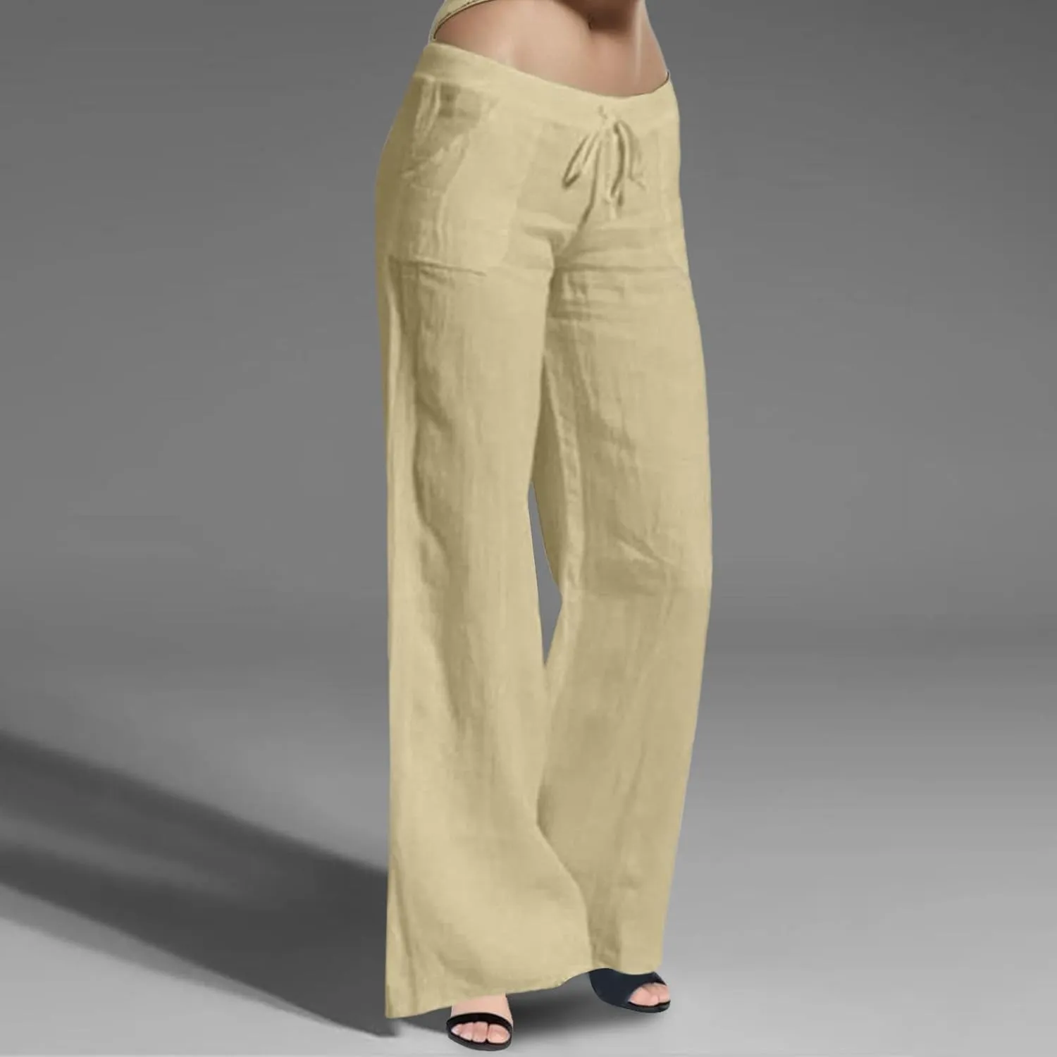 Women's Cotton Linen Summer Palazzo Pants Flowy Wide Leg Beach Trousers Casual Loose Loung e Pants with Pockets