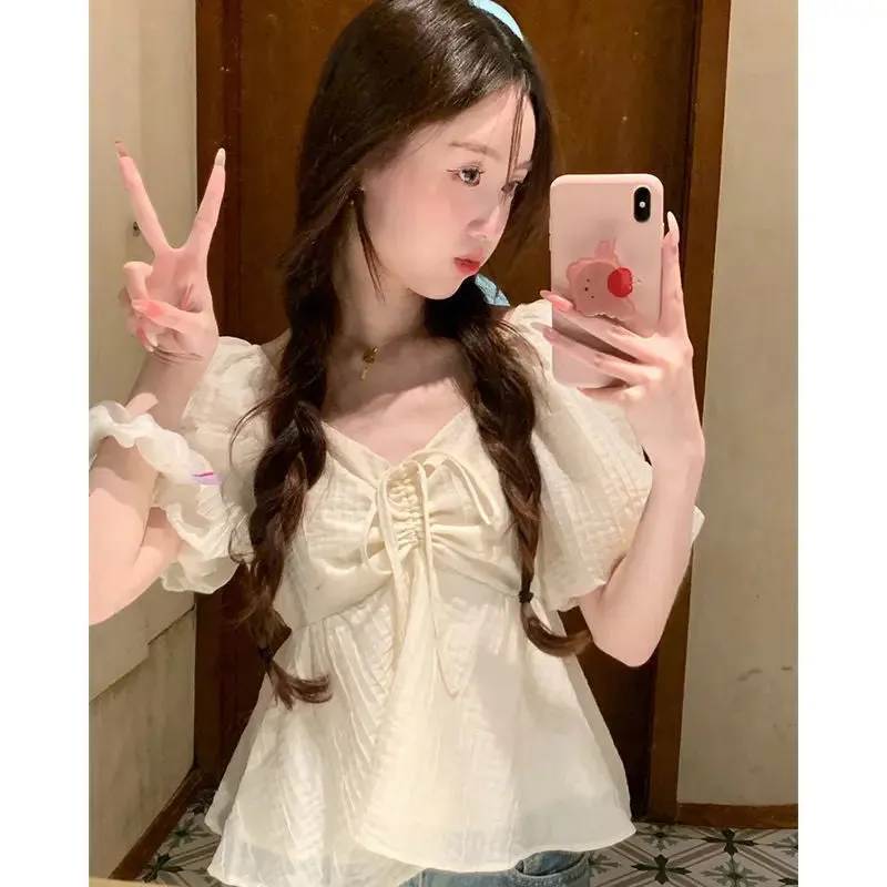 Women's French Sweet V-neck Short-sleeved Shirt