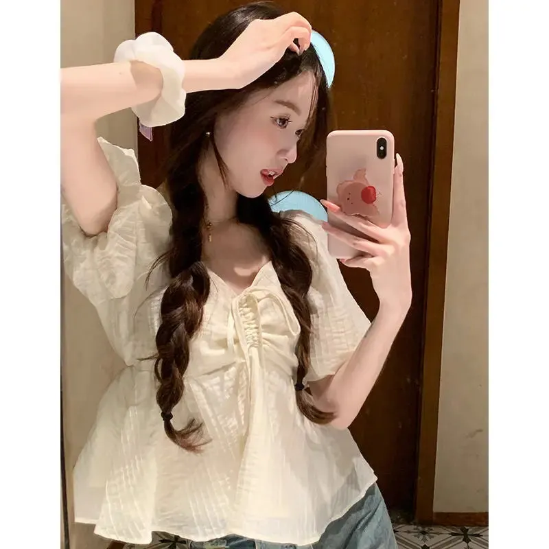 Women's French Sweet V-neck Short-sleeved Shirt