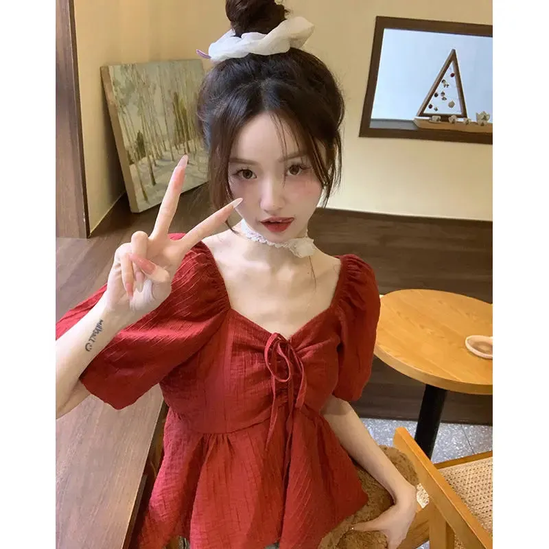 Women's French Sweet V-neck Short-sleeved Shirt