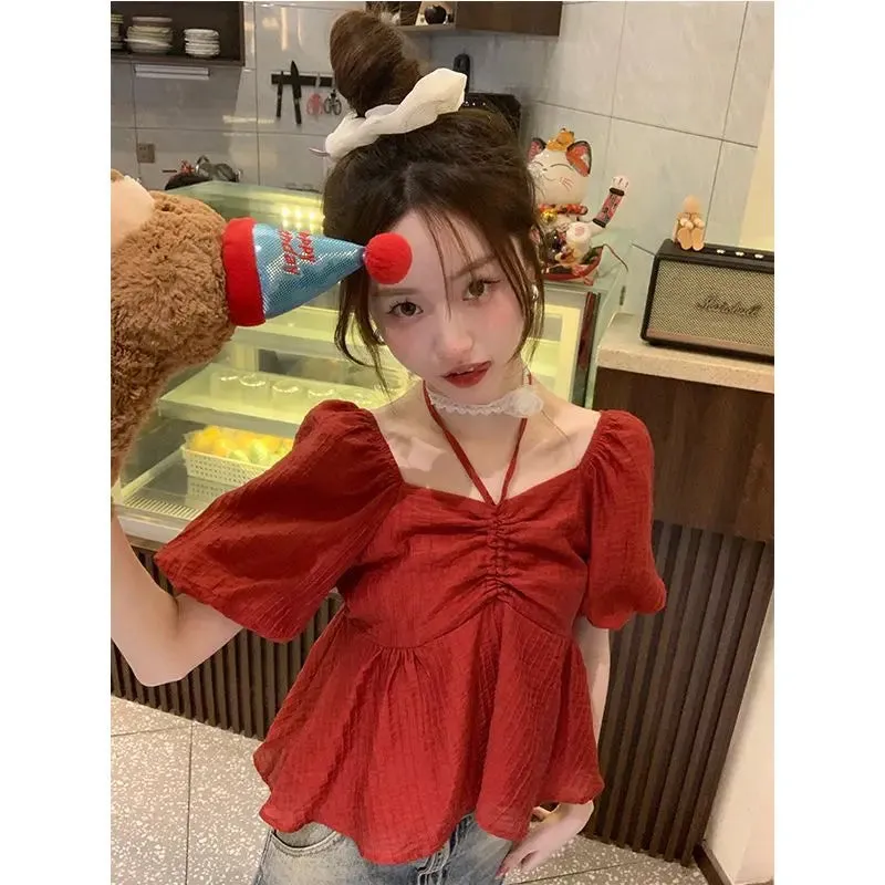 Women's French Sweet V-neck Short-sleeved Shirt