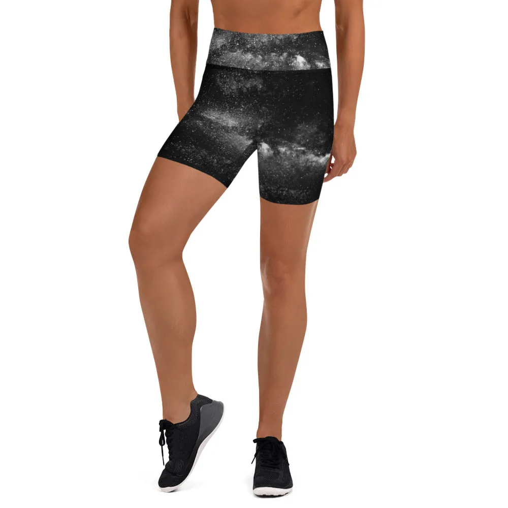 Women's Galaxy Print Yoga Shorts, Universe Cosmos Designer Women's Gym Tights-Made in USA/EU