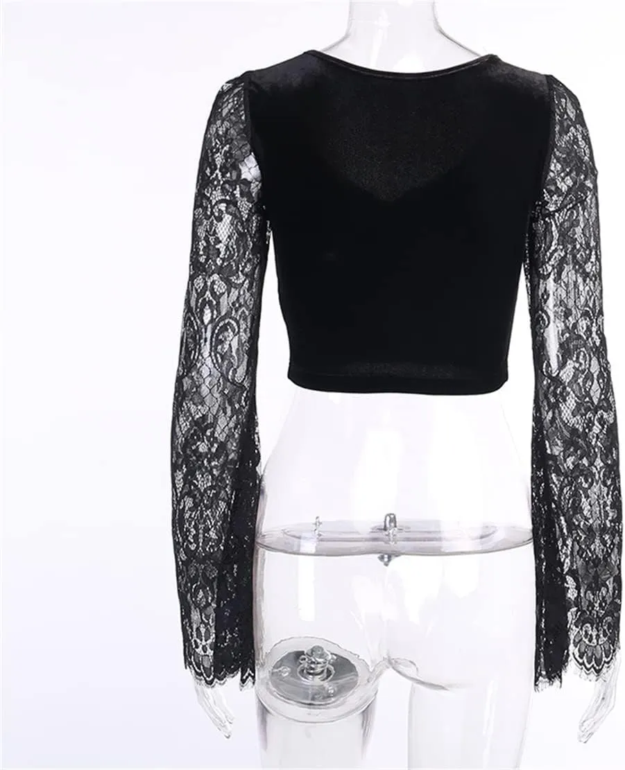 Women's Gothic Crop Tops Punk Shirts Steampunk Y2k Long Sleeve Witch Costume Blouse Alt Black Rave Top Emo Outfits